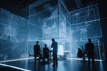 Poster - A Group Of People Standing Around A Table In A Room With A Lot Of Blueprints Conference Room Advertising Photography Manufacturing Planning And Control Generative AI 