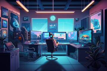 Poster - A Room With A Lot Of Computer Screens And A Desk With A Chair Factory Animation Gaming