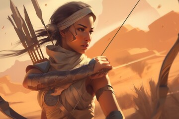 Poster - A Woman With A Bow And Arrows In Her Hands In A Desert Desert Animation Game Design Generative AI 
