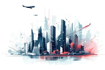 Poster - A City Skyline With A Plane Flying Over It And A Red And White Background Modern Urban Skyline Animation Cities