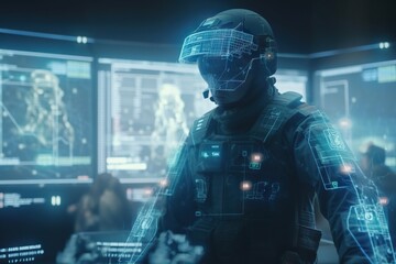Poster - A Man In A Futuristic Suit Standing In Front Of A Computer Screen Military Base Animation Wearable Technology Generative AI 