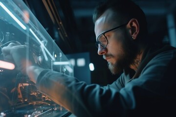 Poster - a man working on a machine in a dark room with a light on workshop animation robotics engineering ge