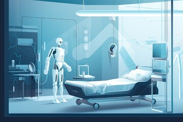 Poster - A Medical Room With A Robot Standing Next To A Bed And A Monitor Hospital Animation Medical Devices