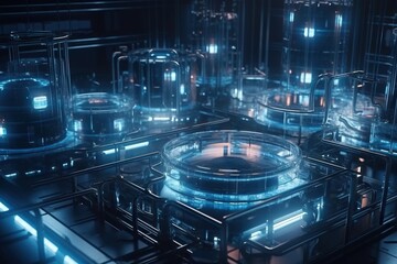 Poster - A Futuristic Machine Room With A Lot Of Glass Containers And Lights Factory Animation Motion Graphics