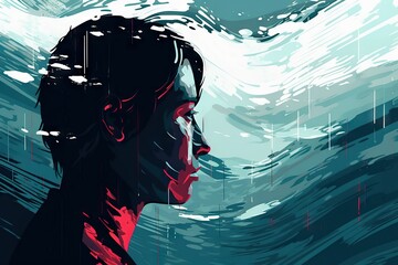 Poster - A Woman's Face Is Shown In The Water With A Red Light Waterfall Graphic Design Poster Design
