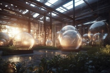 Poster - A Group Of Large Glass Balls Sitting In A Building Next To A Pond Rainforest Photorealism Environment Generative AI 
