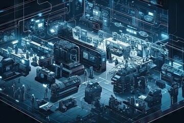 Poster - A Futuristic Factory With A Lot Of Machines And People Working On It Factory Animation Manufacturing Planning And Control Generative AI 
