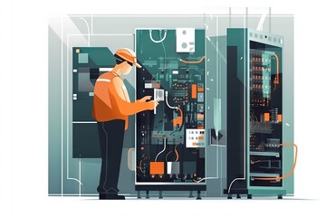 Poster - A Man In A Hardhat Is Working On A Computer In A Server Room Power Plant Animation Manufacturing Planning And Control Generative AI 