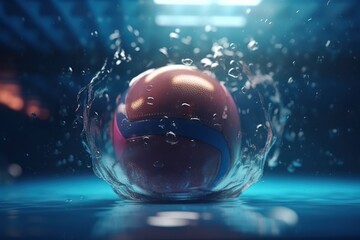 Poster - A Ball Is Floating In The Water With Bubbles Around It And A Blue Ribbon Around It Basketball Court Photorealism Motion Graphics Generative AI 