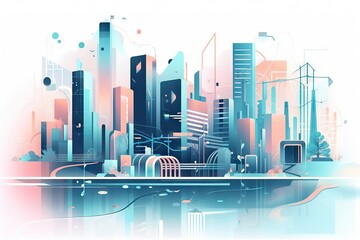 Poster - A City With A Lot Of Tall Buildings And A Lake In Front Of It Modern City Skyline In The Morning Environmental Art Cities Generative AI 