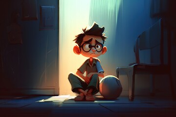 Poster - A Cartoon Boy Sitting On The Floor With A Ball In Front Of Him Hostel Animation Animation Filmmaking