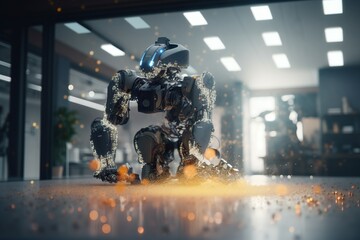 Poster - A Robot Is Standing On A Shiny Surface In A Room With A Window Workshop Animation Robotics Engineering