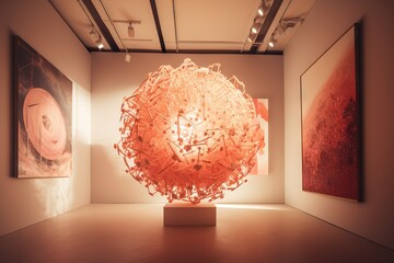 Poster - A Sculpture Is Shown In A Dimly Lit Room With Paintings On The Wall Art Museum Kinetic Art Lighting Design Generative AI 