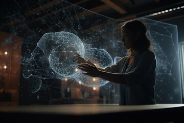 Poster - A Woman Is Looking At A Screen With A Sphere On It Conference Room Animation Augmented Reality