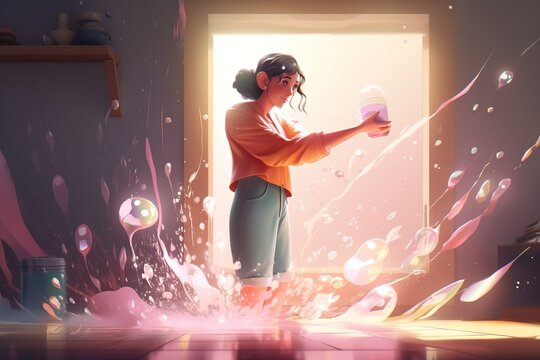 A Woman Is Playing With Bubbles In A Room With A Door Supermarket Animation Animation