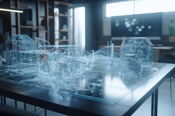 Poster - A Table With A Bunch Of Clear Objects On It In A Room Conference Room Photorealism Motion Graphics
