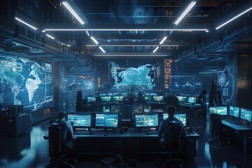 Poster - A Room Filled With Lots Of Computer Monitors And People Sitting At Desks Conference Room Animation Cybersecurity