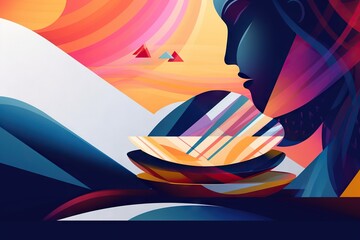 Leinwandbilder - A Woman With A Bowl Of Fruit In Her Hand And A Colorful Background Lunar Landscape Art Deco Print Design