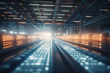 Poster - A Train Traveling Through A Train Station With Lots Of Lights On Factory Animation Manufacturing Planning And Control Generative AI  generative Ai, generative, AI, 