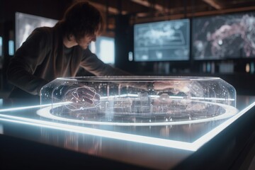 Poster - a woman is looking at a model of a city in a glass case science museum kinetic art motion graphics