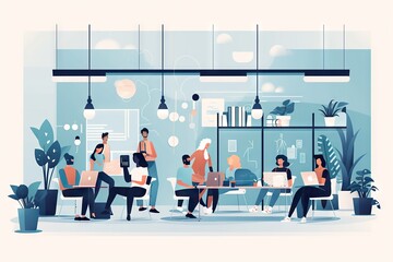Poster - A Group Of People Sitting Around A Table In A Room With Plants Coffee Shop Graphic Design Workplace Wellness