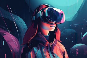 Poster - A Woman Wearing A Virtual Reality Headset In A Futuristic Environment Amusement Park Stereoscopic Photography Virtual Reality Generative AI 