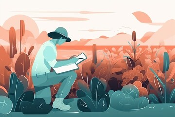 Poster - A Man Sitting On A Bench In A Desert Area With Cactus Plants Farm Color Field Painting Agriculture