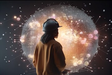 Fototapete - A Person Wearing A Helmet Standing In Front Of A Circular Object Deep Sea Trench Video Art Motion Graphics Generative AI 