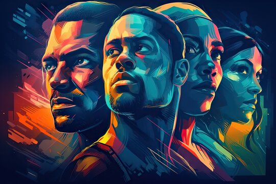 A Group Of People With Different Colored Faces On A Dark Background Bayou Graphic Design Poster Design