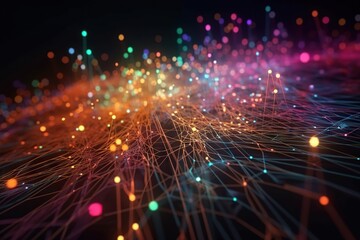 Poster - A Colorful Network Of Lines And Dots On A Black Background With A Black Background Deep Sea Trench Animation Supply Chain Optimization Generative AI 