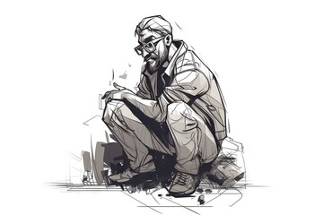 Poster - A Man Kneeling Down With His Hand On His Hip And A Cigarette In His Mouth Junkyard Photorealism Game Design Generative AI 