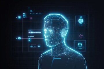 Poster - a man in a futuristic suit with a futuristic interface in the background factory video art data anal