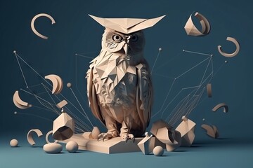 Poster - An Owl With A Paper Hat On Its Head And A Lot Of Circles Around It Bank Origami Motion Graphics Generative AI 