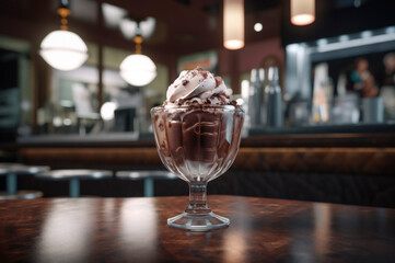 Wall Mural - Gourmet chocolate ice cream in glass bowl on ice cream parlor table. Rustic wood. AI generated. frozen dessert