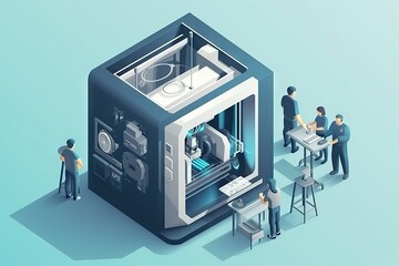 Poster - A Group Of People Standing Around A Machine In A Room With A Blue Background Workshop Paper Cutting Manufacturing Planning And Control Generative AI 