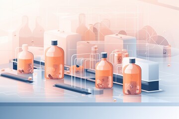 Poster - A Group Of Bottles Sitting On Top Of A Table Next To A Laptop Factory Animation Pharmaceutical Sales Generative AI 