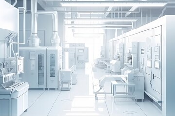 Poster - A Large Industrial Kitchen With A Lot Of Appliances In It's Center Factory Animation Manufacturing Planning And Control Generative AI 