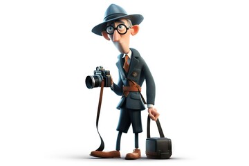Poster - A Cartoon Man With A Camera And A Suitcase Is Holding A Camera Bank Stereoscopic Photography Animation Filmmaking Generative AI 