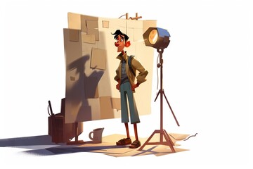 Poster - A Cartoon Character Standing In Front Of A Photo Booth With A Camera Graffiti Wall Photorealism Animation Filmmaking Generative AI 