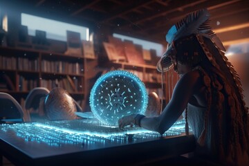 Poster - A Woman Is Working On A Computer In A Library With A Glowing Wheel Tundra Kinetic Art Motion Graphics Generative AI 