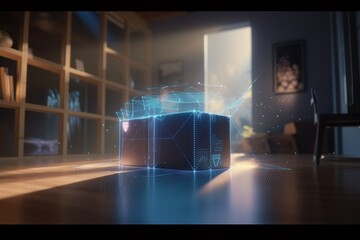 Poster - A Box With A Glowing Blue Light Coming Out Of It On A Wooden Floor Workshop Photorealism Motion Graphics