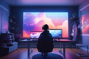 Poster - A Person Sitting At A Desk With A Computer On It In Front Of A Large Window Living Room Animation Gaming