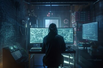 Hacker in hoodie breaking into a computer system in a neon-lit room with blue-green lights, using a laptop adorned with a skull sticker. generative ai