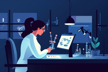 Poster - A Woman In A Lab Looking At A Computer Screen With A Test Tube Factory Animation Science Writing