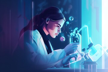 Poster - A Woman In A Lab Coat Looking At A Microscope In Her Hands Workshop Graphic Design Science Writing Generative AI 