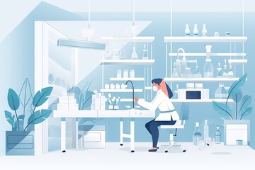 Fototapete - A Woman Is Sitting At A Table In A Laboratory With Plants Water Treatment Plant Animation Regulatory Affairs Generative AI 