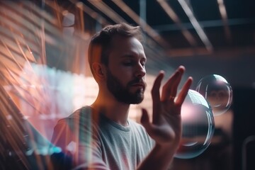 Poster - A Man Holding A Bubble In His Hand And Looking At It Arcade Long Exposure Photography Motion Graphics