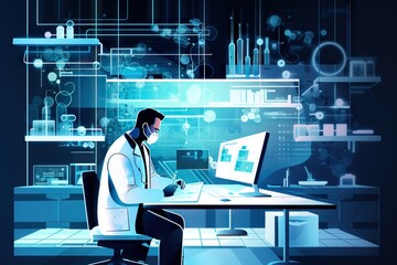 Poster - A Man In A Lab Coat Sitting At A Desk With A Computer Workshop Graphic Design Medical Devices