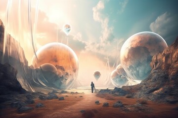 Poster - A Man Standing In A Desert Area With Planets In The Background Lunar Landscape Digital Art Digital Art