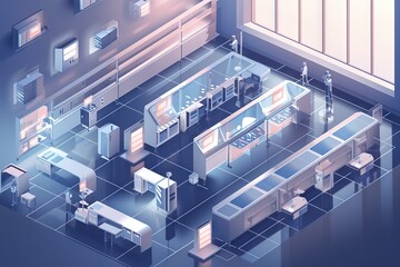 Poster - a room with a lot of furniture and a window in it factory animation manufacturing planning and contr